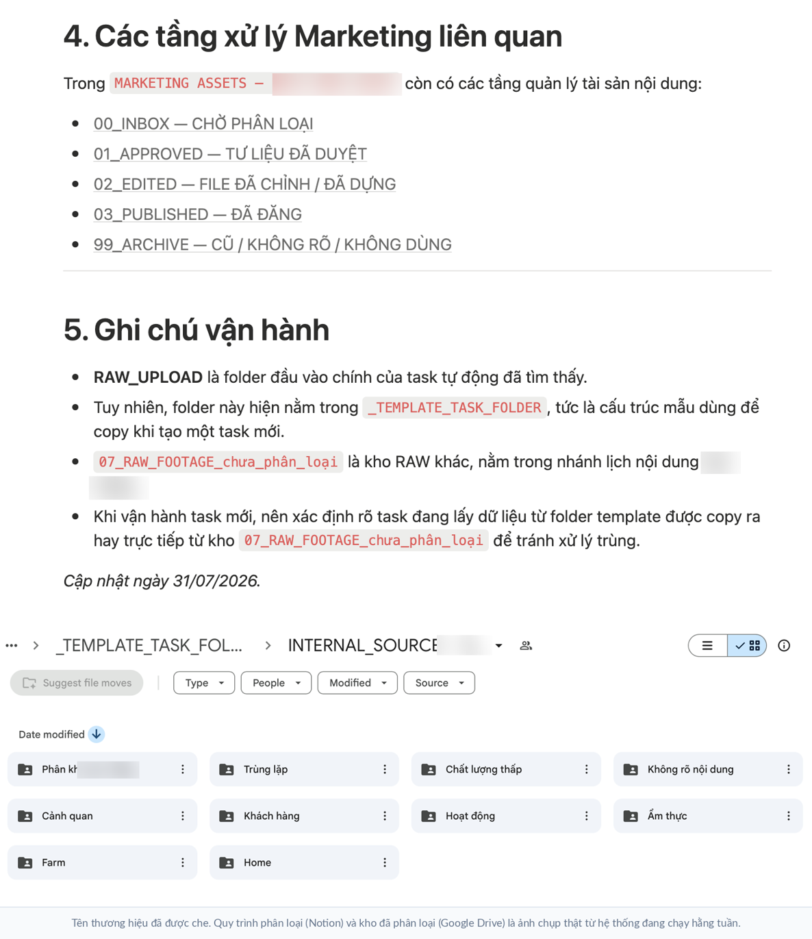 Kho tư liệu marketing tự phân loại bằng AI — quy trình Notion và Google Drive, đã ẩn danh