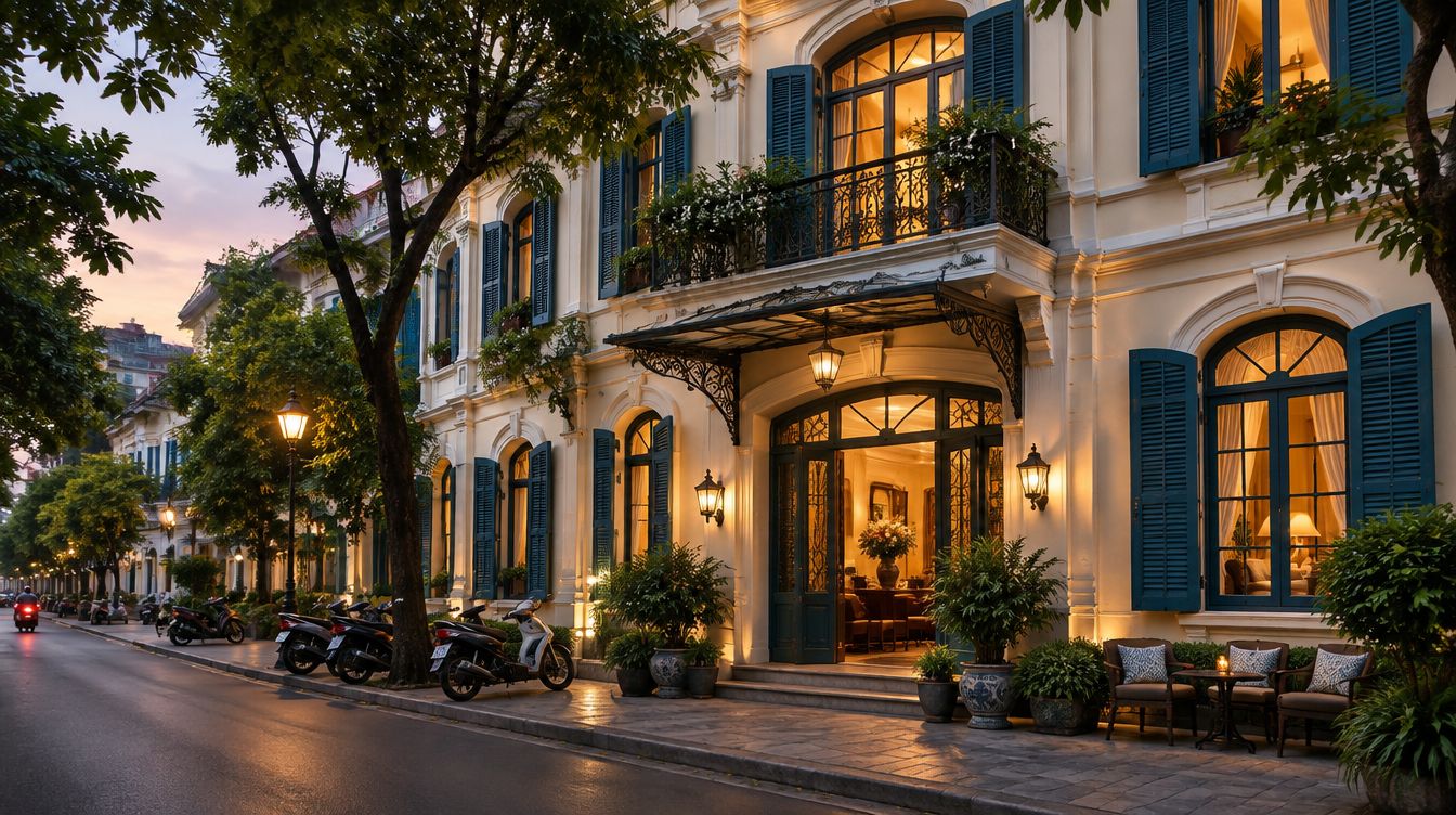 Khách sạn boutique trên phố Hà Nội lúc chiều tối