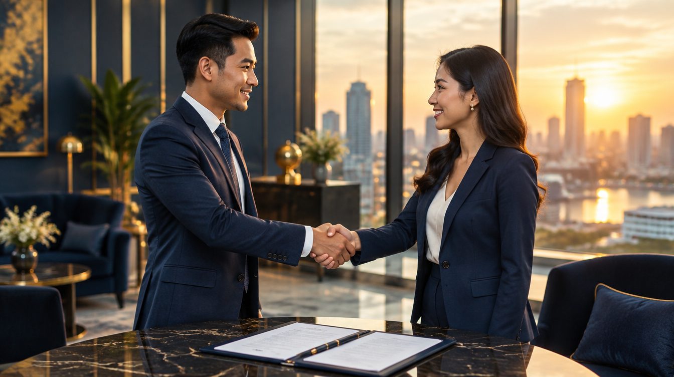 Hai doanh nhân bắt tay sau buổi ký hợp đồng