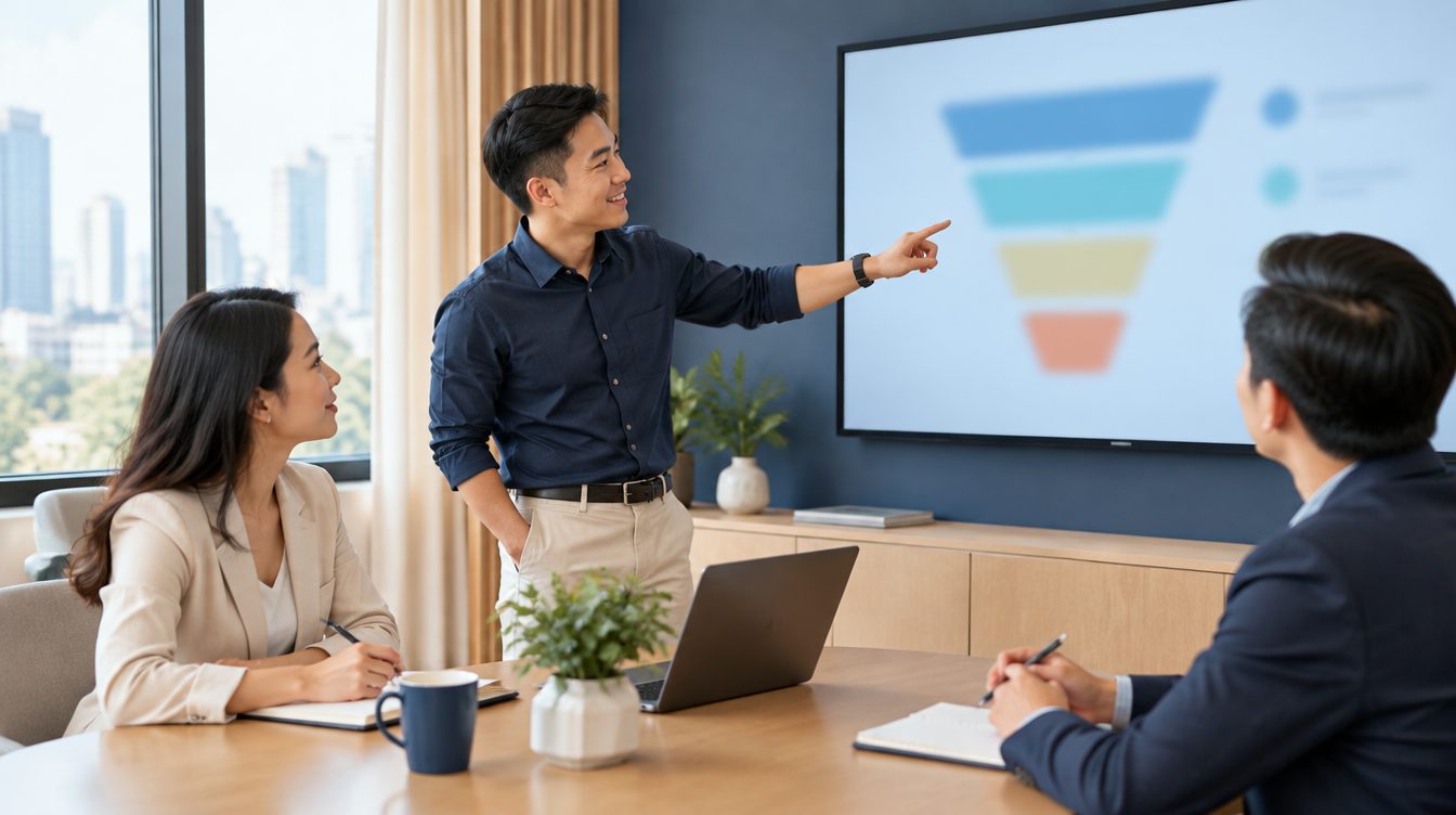 Đội bán hàng nhỏ xem phễu trên màn hình phòng họp